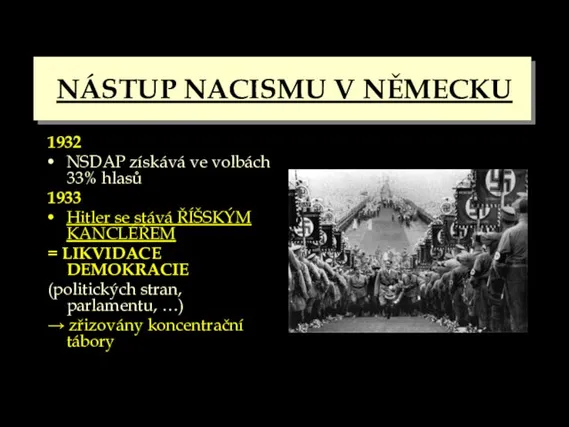 NÁSTUP NACISMU V NĚMECKU 1932 NSDAP získává ve volbách 33% hlasů