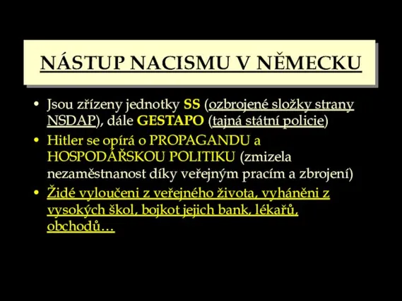 NÁSTUP NACISMU V NĚMECKU Jsou zřízeny jednotky SS (ozbrojené složky strany