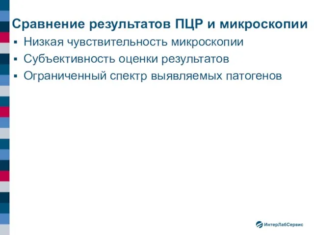 Сравнение результатов ПЦР и микроскопии Низкая чувствительность микроскопии Субъективность оценки результатов Ограниченный спектр выявляемых патогенов