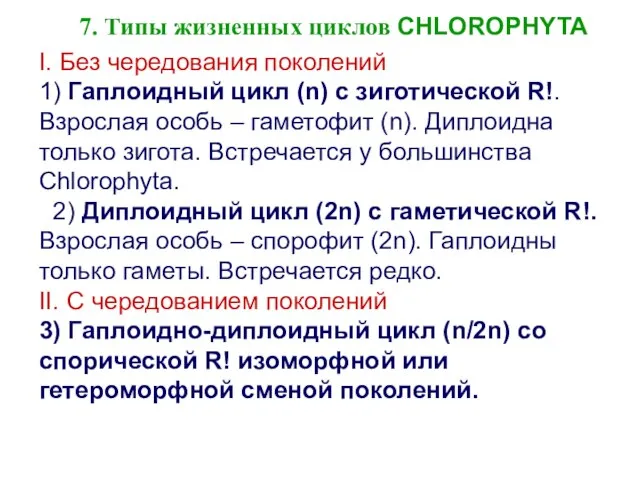 7. Типы жизненных циклов CHLOROPHYTA I. Без чередования поколений 1) Гаплоидный