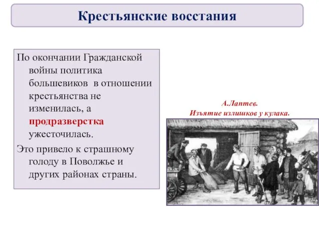 По окончании Гражданской войны политика большевиков в отношении крестьянства не изменилась,