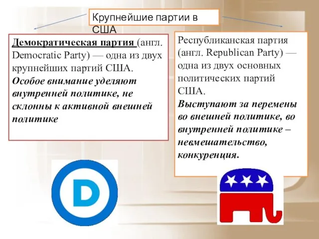 Крупнейшие партии в США Демократическая партия (англ. Democratic Party) — одна