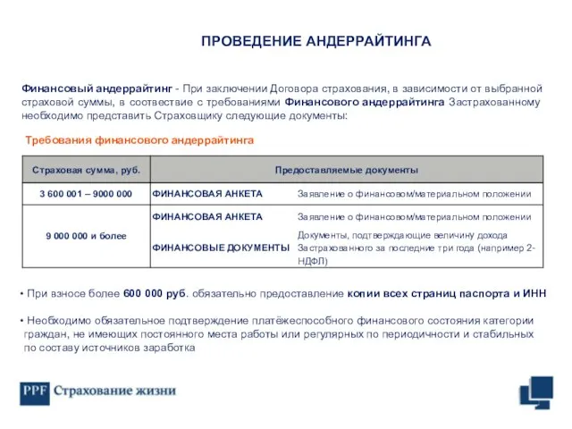 Финансовый андеррайтинг - При заключении Договора страхования, в зависимости от выбранной