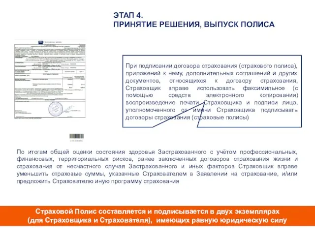 ЭТАП 4. ПРИНЯТИЕ РЕШЕНИЯ, ВЫПУСК ПОЛИСА По итогам общей оценки состояния