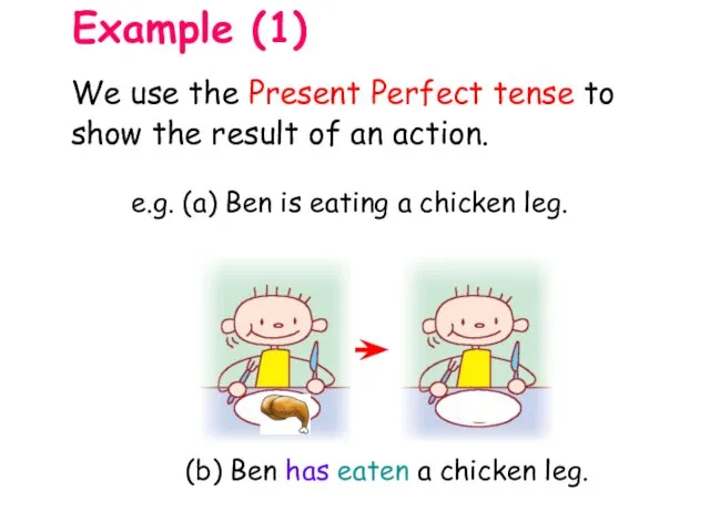 e.g. (a) Ben is eating a chicken leg. (b) Ben has