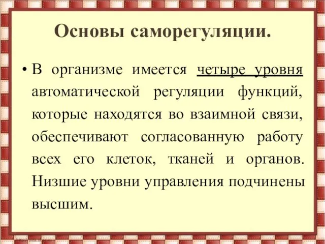 Основы саморегуляции. В организме имеется четыре уровня автоматической регуляции функций, которые