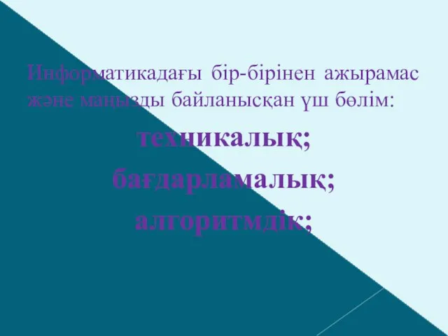 Информатикадағы бір-бірінен ажырамас және маңызды байланысқан үш бөлім: техникалық; бағдарламалық; алгоритмдік;