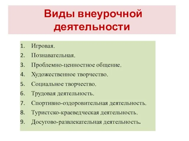 Виды внеурочной деятельности Игровая. Познавательная. Проблемно-ценностное общение. Художественное творчество. Социальное творчество.