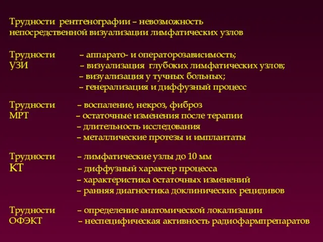 Трудности рентгенографии – невозможность непосредственной визуализации лимфатических узлов Трудности – аппарато-