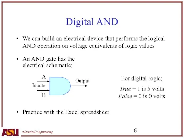 Digital AND We can build an electrical device that performs the