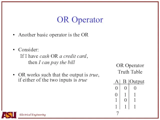 OR Operator Another basic operator is the OR Consider: If I