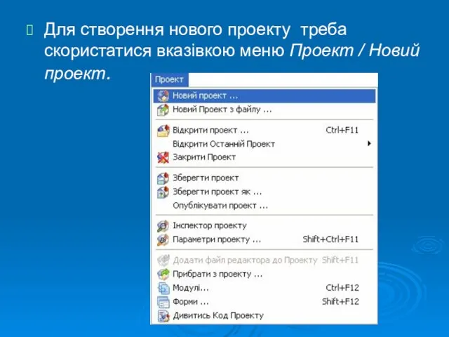 Для створення нового проекту треба скористатися вказівкою меню Проект / Новий проект.