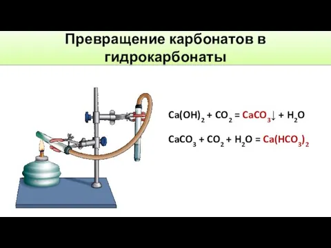 Превращение карбонатов в гидрокарбонаты Ca(OH)2 + CO2 = CaCO3↓ + H2O