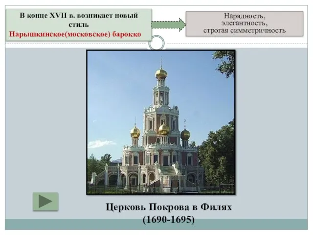 В конце XVII в. возникает новый стиль Нарышкинское(московское) барокко Нарядность, элегантность,