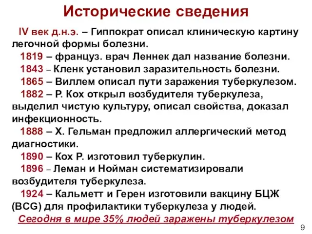 Исторические сведения IV век д.н.э. – Гиппократ описал клиническую картину легочной