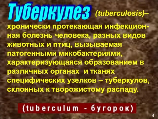 (tuberculosis)– хронически протекающая инфекцион-ная болезнь человека, разных видов животных и птиц,