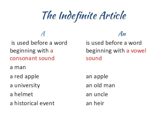 The Indefinite Article A is used before a word beginning with