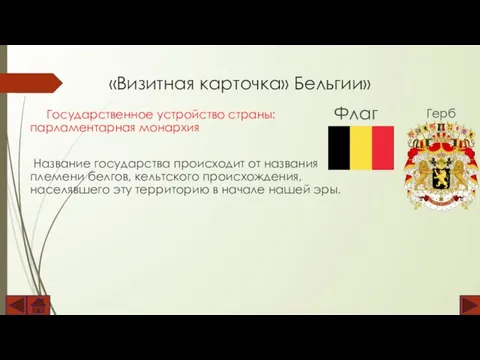 «Визитная карточка» Бельгии» Государственное устройство страны: парламентарная монархия Название государства происходит