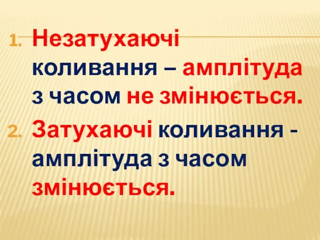 Незатухаючі коливання – амплітуда з часом не змінюється. Затухаючі коливання - амплітуда з часом змінюється.