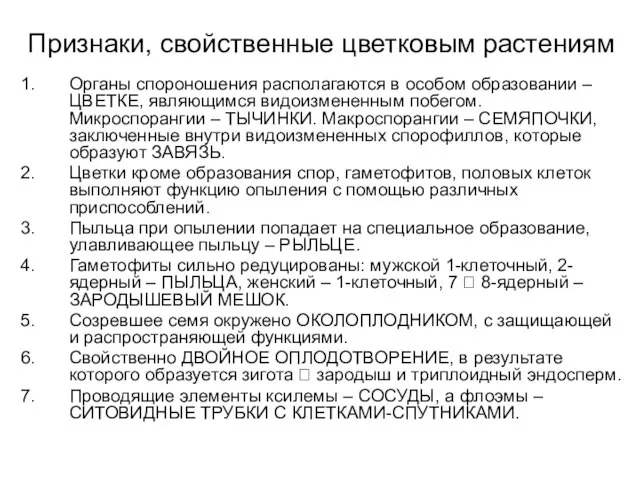 Признаки, свойственные цветковым растениям Органы спороношения располагаются в особом образовании –ЦВЕТКЕ,