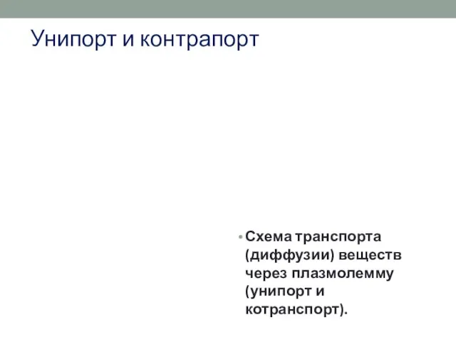 Унипорт и контрапорт Схема транспорта (диффузии) веществ через плазмолемму (унипорт и котранспорт).