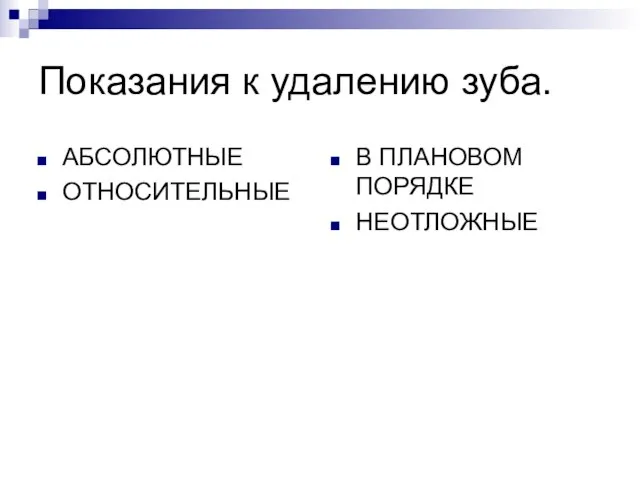 Показания к удалению зуба. АБСОЛЮТНЫЕ ОТНОСИТЕЛЬНЫЕ В ПЛАНОВОМ ПОРЯДКЕ НЕОТЛОЖНЫЕ