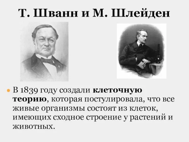 Т. Шванн и М. Шлейден В 1839 году создали клеточную теорию,
