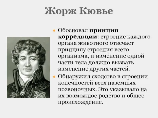 Жорж Кювье Обосновал принцип корреляции: строение каждого органа животного отвечает принципу