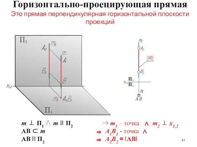 Горизонтально-проецирующая прямая Это прямая перпендикулярная горизонтальной плоскости проекций m ⊥ П1