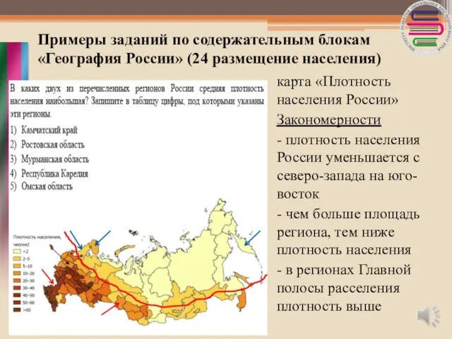 Примеры заданий по содержательным блокам «География России» (24 размещение населения) карта