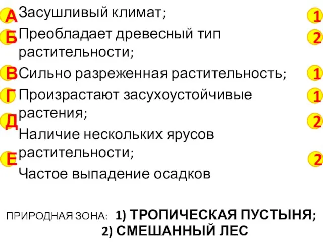 Засушливый климат; Преобладает древесный тип растительности; Сильно разреженная растительность; Произрастают засухоустойчивые