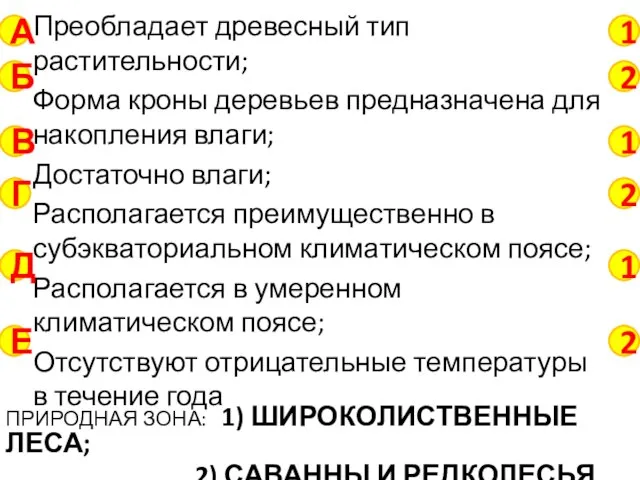 Преобладает древесный тип растительности; Форма кроны деревьев предназначена для накопления влаги;