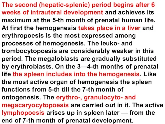 The second (hepatic-splenic) period begins after 6 weeks of intrauteral development