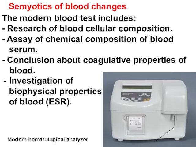 Semyotics of blood changes. The modern blood test includes: - Research