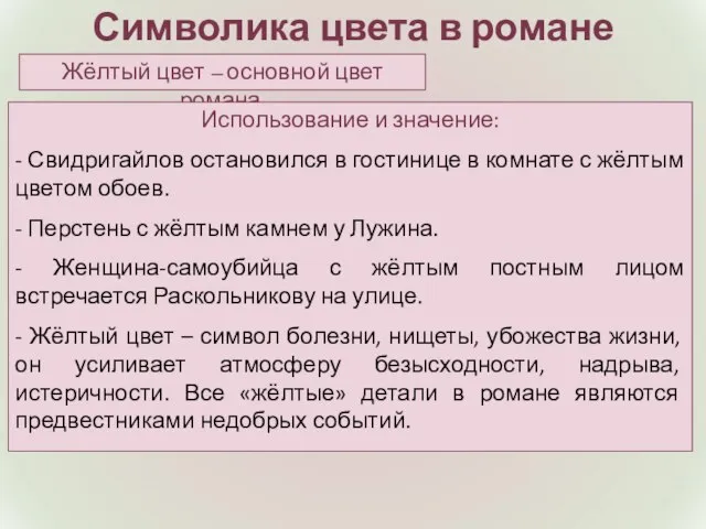 Символика цвета в романе Жёлтый цвет – основной цвет романа. Использование