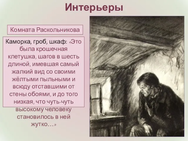 Интерьеры Комната Раскольникова Каморка, гроб, шкаф: «Это была крошечная клетушка, шагов