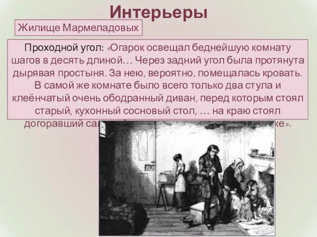 Интерьеры Жилище Мармеладовых Проходной угол: «Огарок освещал беднейшую комнату шагов в