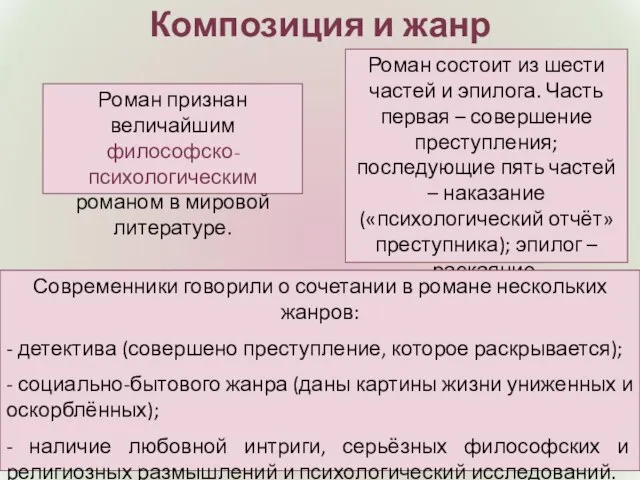 Роман состоит из шести частей и эпилога. Часть первая – совершение