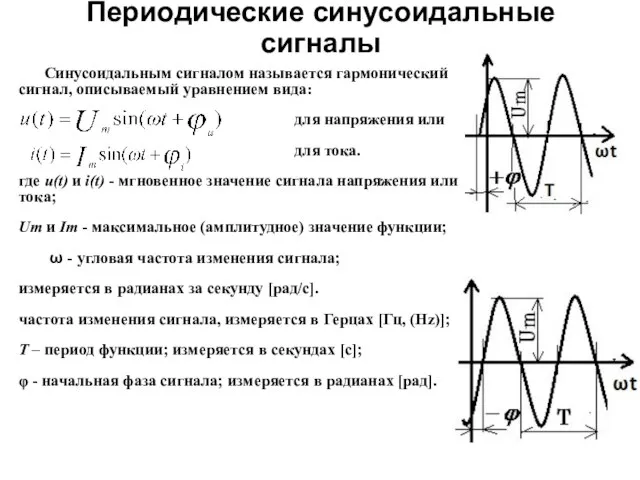 Периодические синусоидальные сигналы Синусоидальным сигналом называется гармонический сигнал, описываемый уравнением вида: