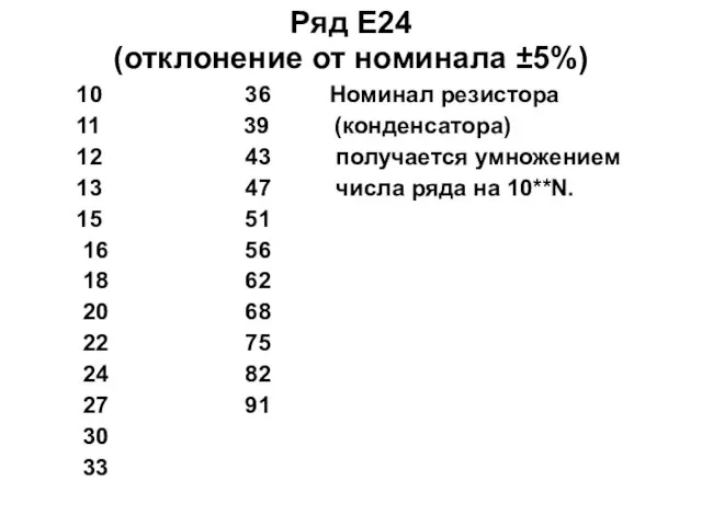 Ряд Е24 (отклонение от номинала ±5%) 10 36 Номинал резистора 11