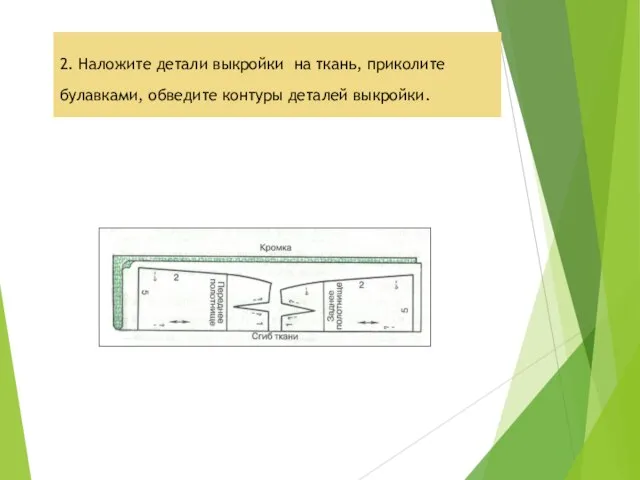 2. Наложите детали выкройки на ткань, приколите булавками, обведите контуры деталей выкройки.