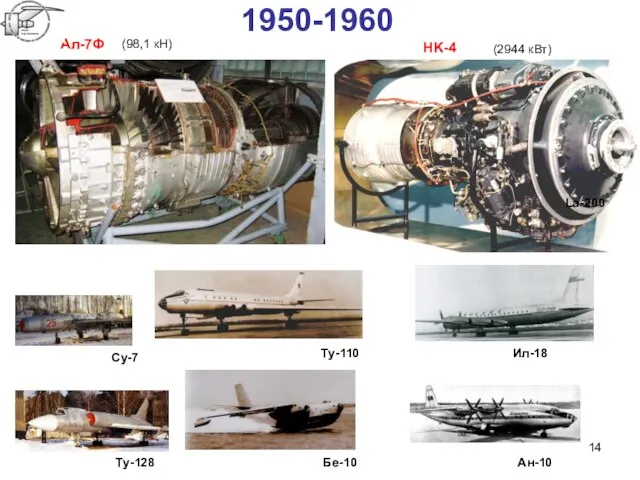 1950-1960 Aл-7Ф НK-4 Су-7 Tу-128 Tу-110 Бе-10 La-200 Ил-18 Aн-10 (2944 кВт) (98,1 кН)