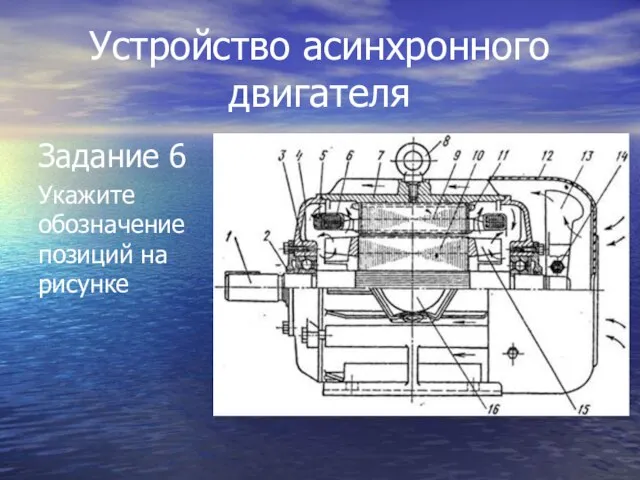 Устройство асинхронного двигателя Задание 6 Укажите обозначение позиций на рисунке