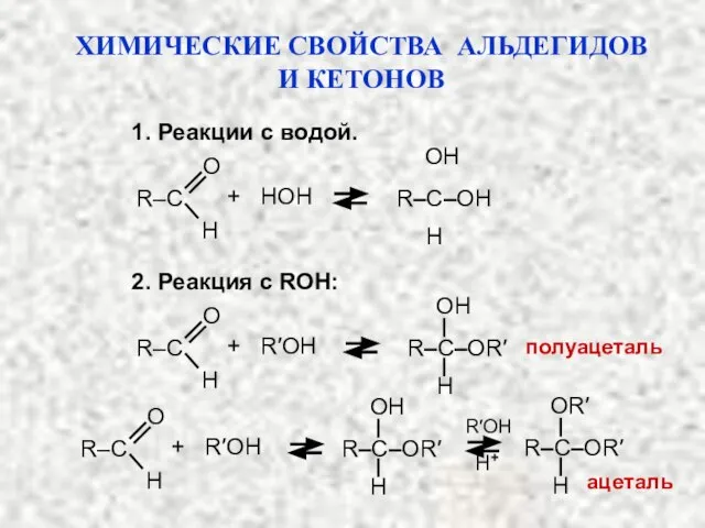 ХИМИЧЕСКИЕ СВОЙСТВА АЛЬДЕГИДОВ И КЕТОНОВ 1. Реакции с водой. 2. Реакция