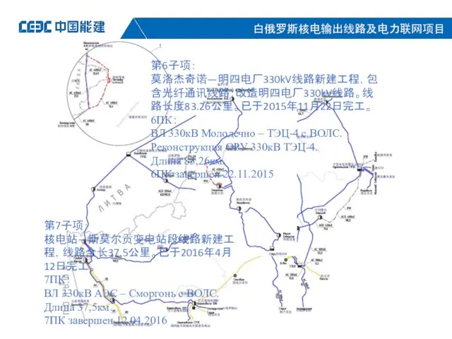 第6子项： 莫洛杰奇诺—明四电厂330kV线路新建工程，包含光纤通讯线路；改造明四电厂330kV线路。线路长度83.26公里。已于2015年11月22日完工。 6ПК： ВЛ 330кВ Молодечно – ТЭЦ-4 с ВОЛС. Реконструкция