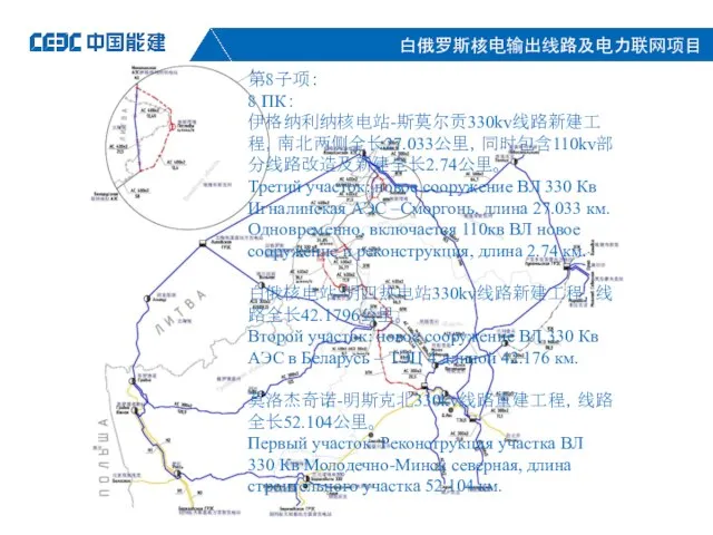 第8子项： 8 ПК： 伊格纳利纳核电站-斯莫尔贡330kv线路新建工程，南北两侧全长27.033公里，同时包含110kv部分线路改造及新建全长2.74公里。 Третий участок: новое сооружение ВЛ 330 Кв