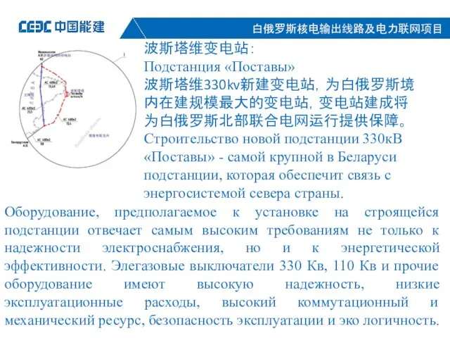 波斯塔维变电站： Подстанция «Поставы» 波斯塔维330kv新建变电站，为白俄罗斯境内在建规模最大的变电站，变电站建成将为白俄罗斯北部联合电网运行提供保障。 Строительство новой подстанции 330кВ «Поставы» - самой