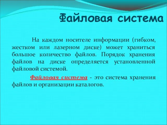 Файловая система На каждом носителе информации (гибком, жестком или лазерном диске)