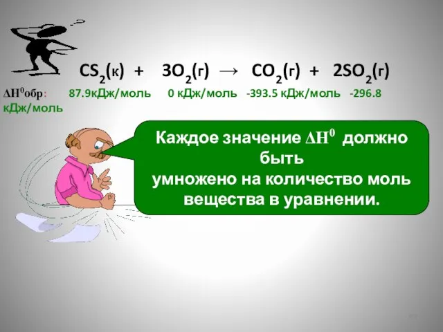 CS2(к) + 3O2(г) → CO2(г) + 2SO2(г) ΔН0обр: 87.9кДж/моль 0 кДж/моль