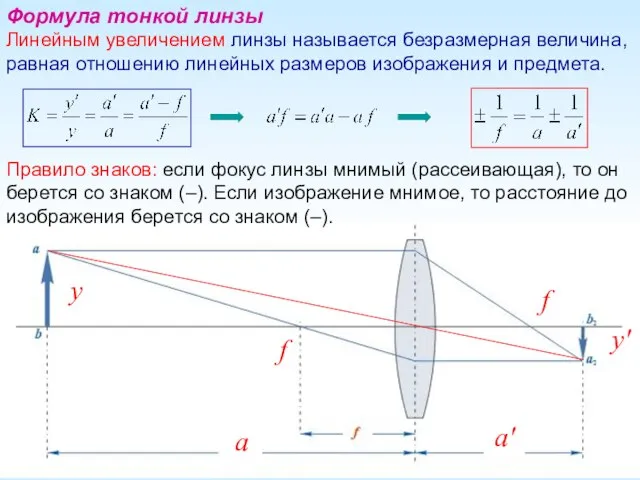 Формула тонкой линзы Линейным увеличением линзы называется безразмерная величина, равная отношению